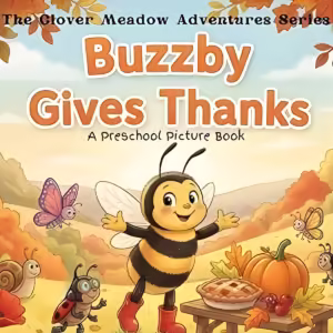 Cover of Buzzby Gives Thanks by Abigail Kuhn, a Thanksgiving picture book about a bee and gratitude