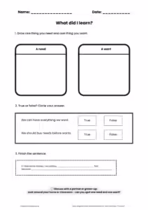 Wants VS needs teaching worksheet