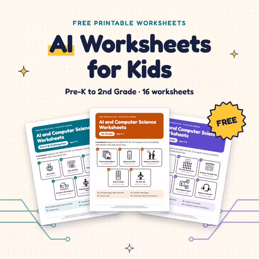 Free AI worksheets for kids, Pre-K to 2nd grade: three printable packs with 16 worksheets