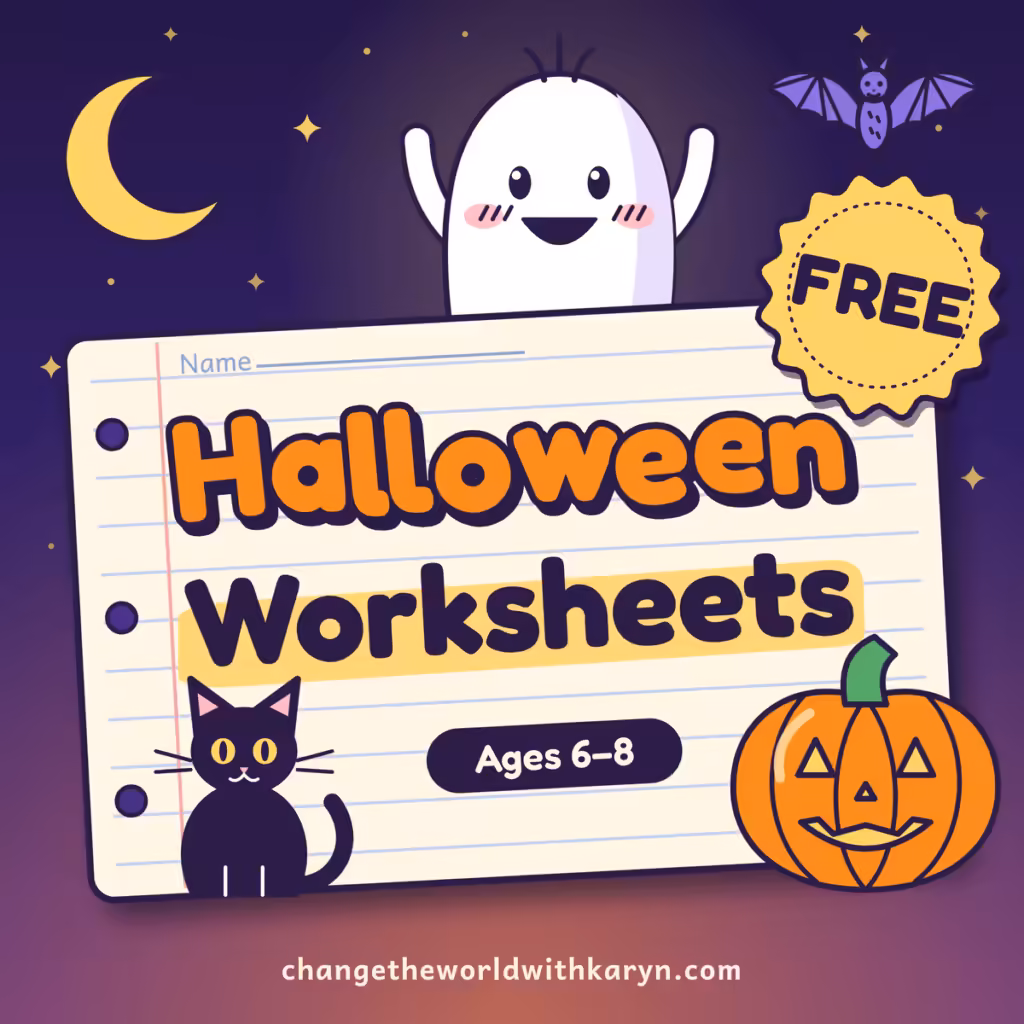 Free Halloween worksheets for kids ages 6-8, with a friendly ghost, black cat and pumpkin around a worksheet page