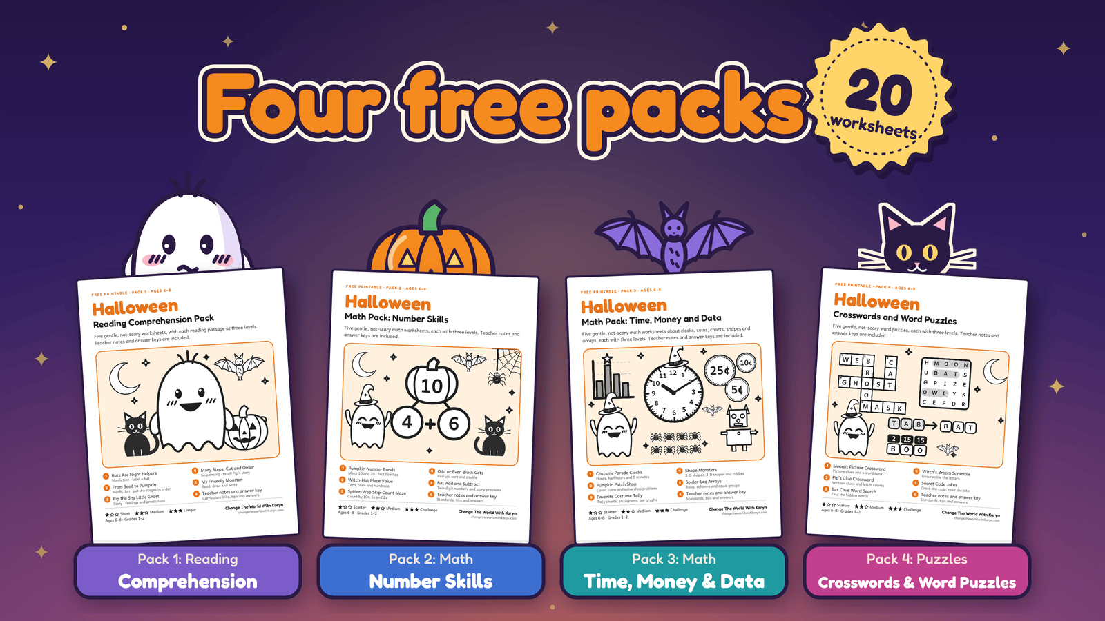 Four free Halloween worksheet packs with 20 worksheets: reading, two math packs, and crosswords and word puzzles