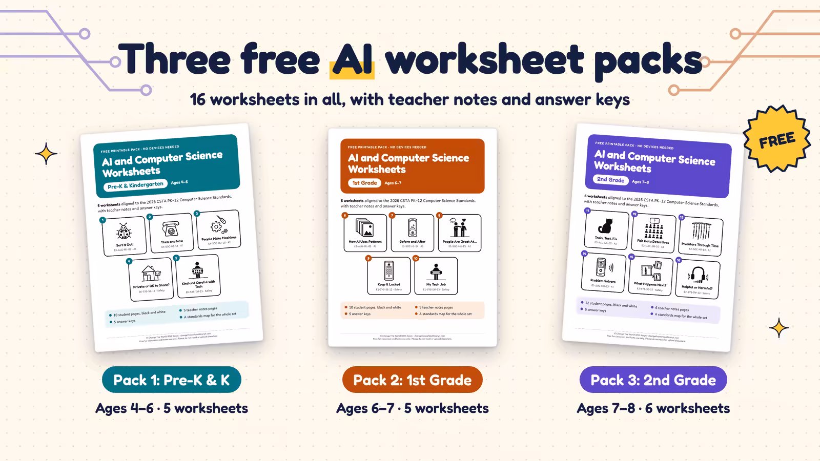 Three free AI worksheet packs: Pre-K and kindergarten, 1st grade and 2nd grade, 16 worksheets in all
