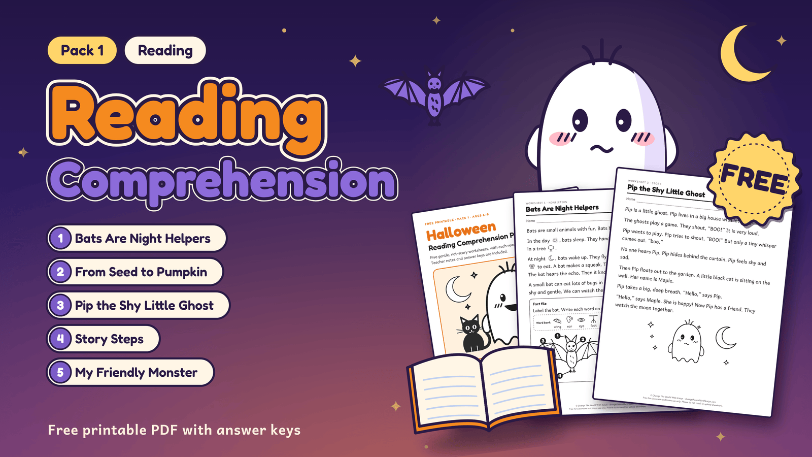 Pack 1: Halloween reading comprehension worksheets for ages 6-8, with a shy ghost, an open book and sample pages