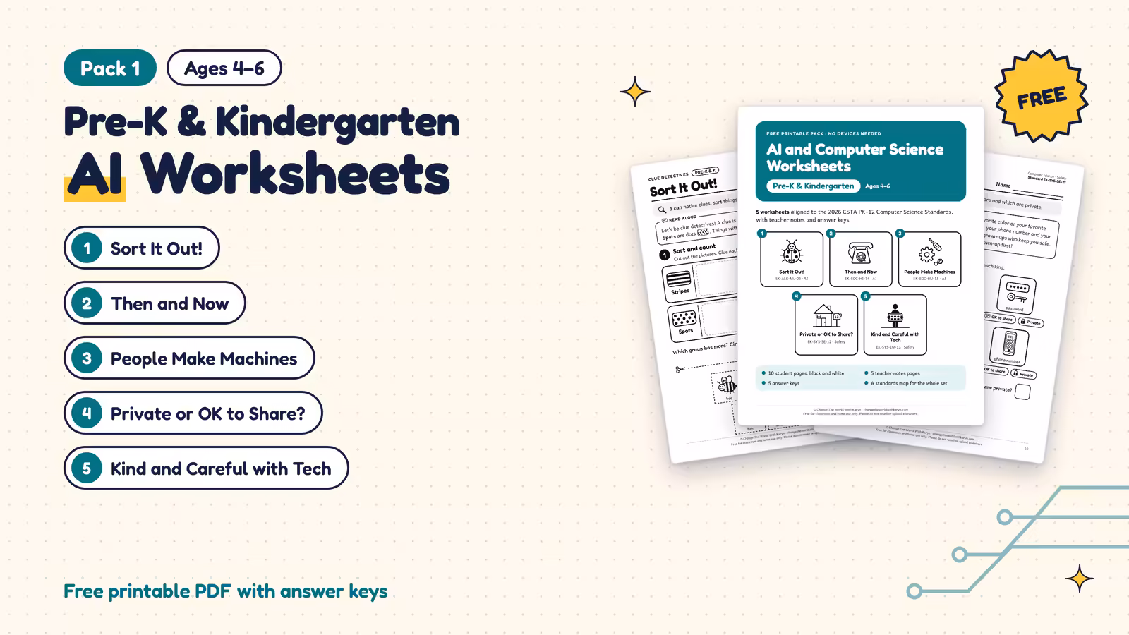 Pack 1: Pre-K and kindergarten AI worksheets for ages 4 to 6, with the cover and two sample pages