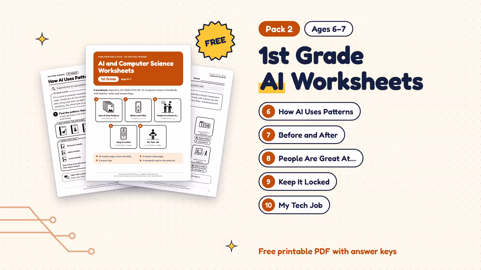 Pack 2: 1st grade AI worksheets for ages 6 to 7, with the cover and two sample pages