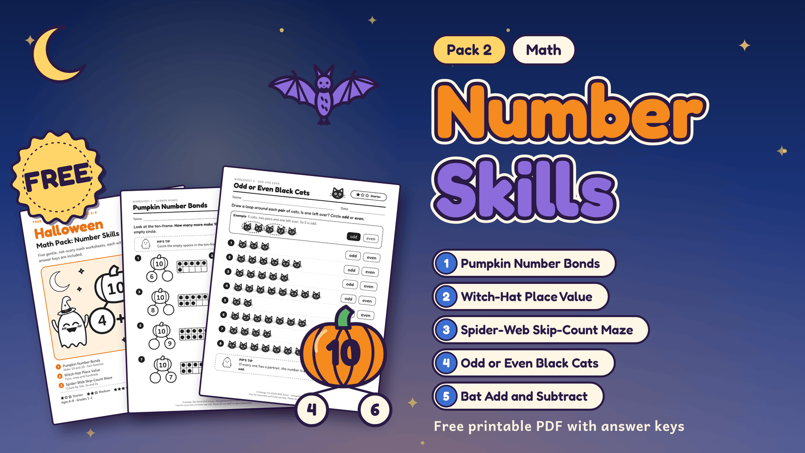 Pack 2: Halloween math number skills worksheets for ages 6-8, with a pumpkin number bond and sample pages