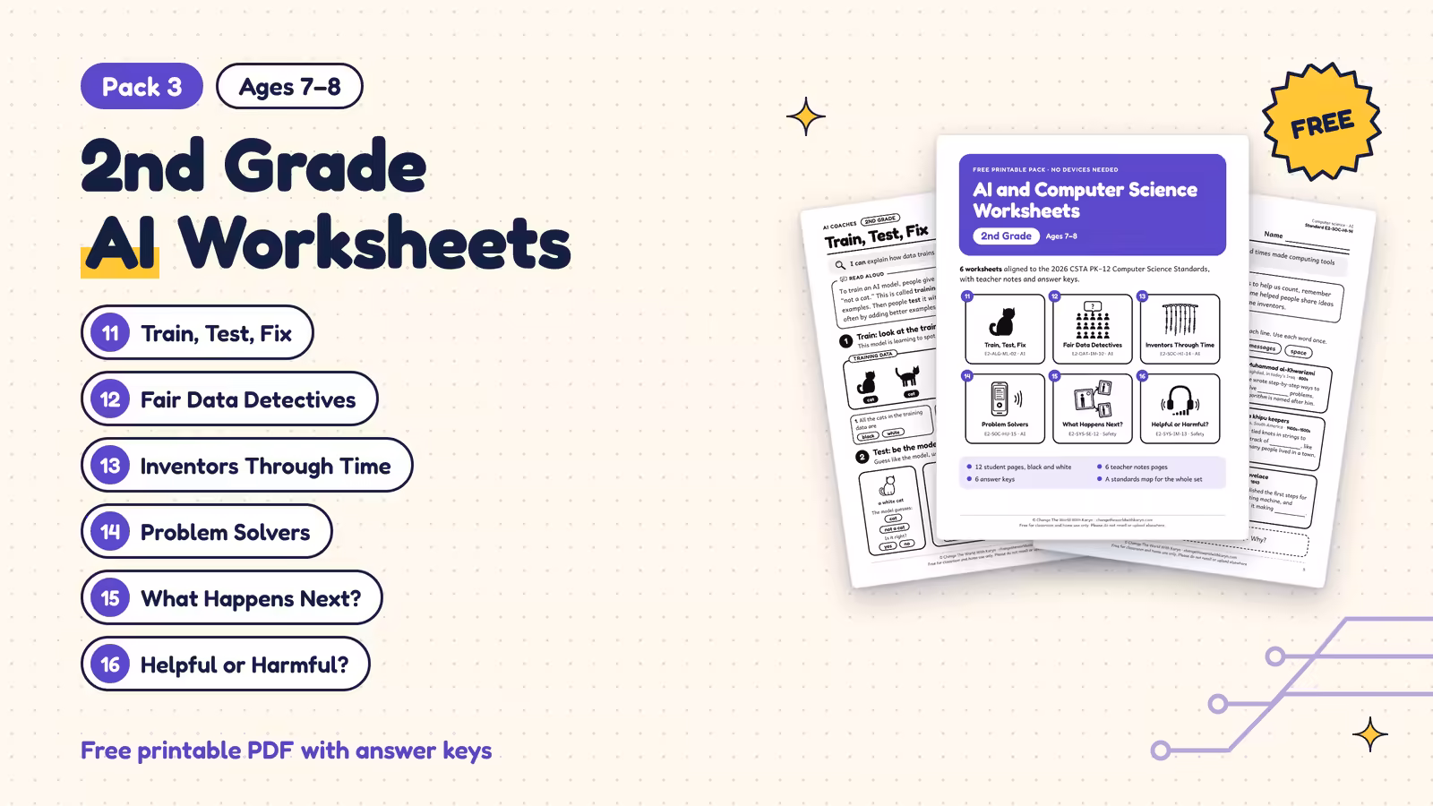 Pack 3: 2nd grade AI worksheets for ages 7 to 8, with the cover and two sample pages