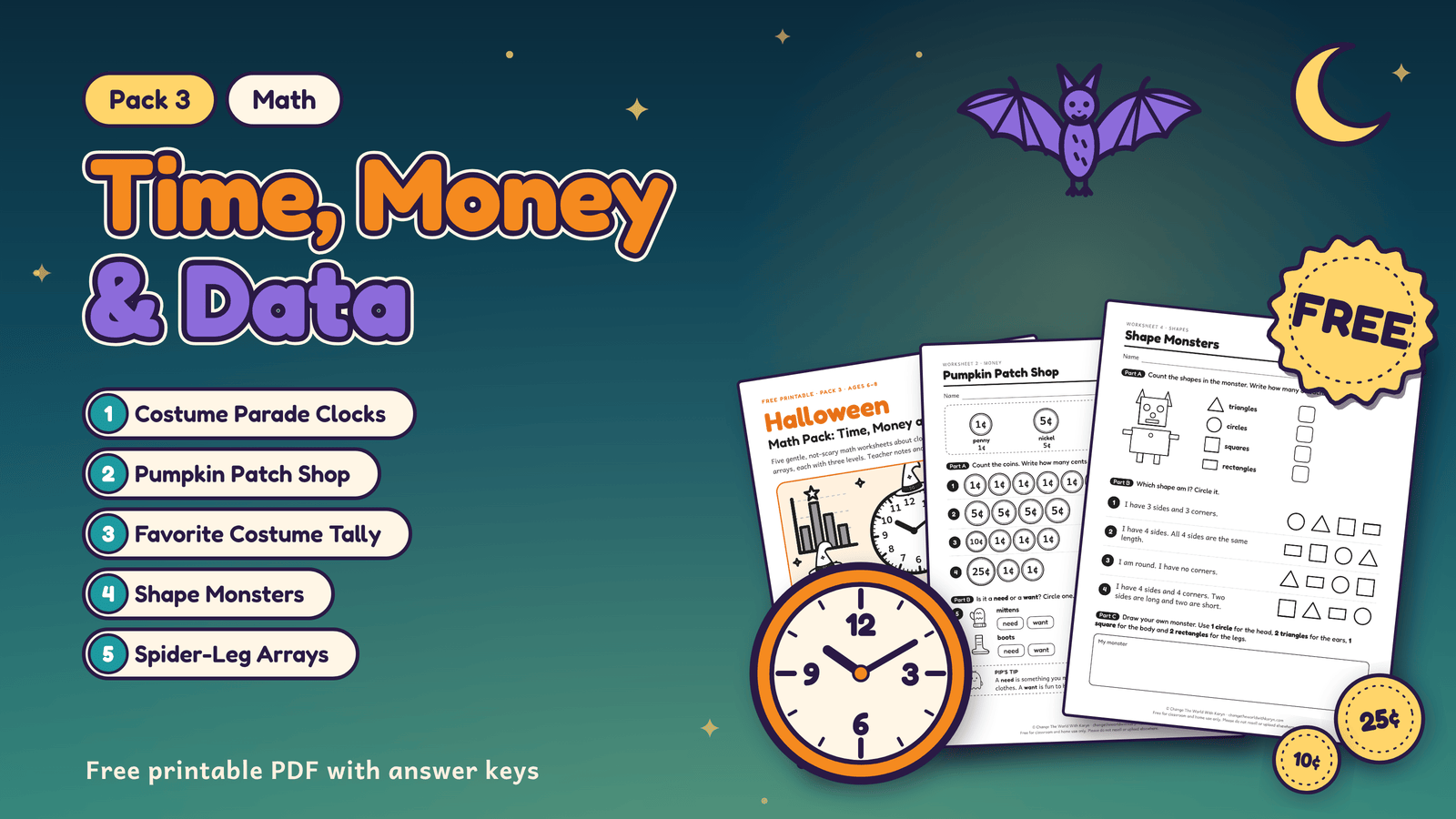 Pack 3: Halloween math worksheets on time, money and data for ages 6-8, with a clock, coins and sample pages