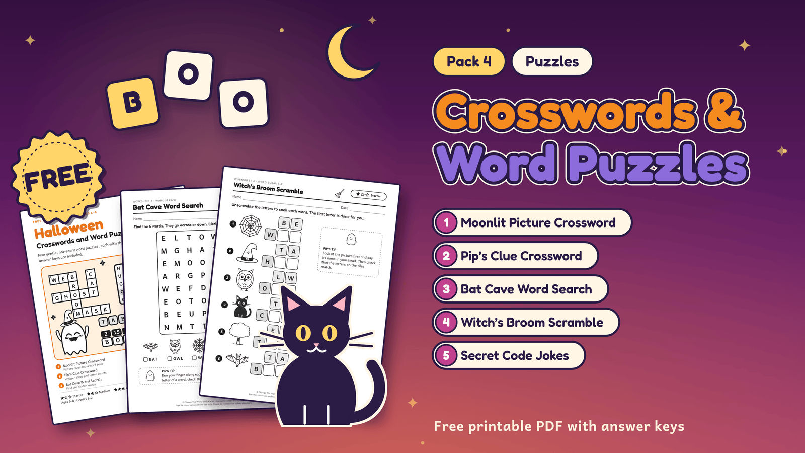 Pack 4: Halloween crosswords and word puzzles for ages 6-8, with a black cat, letter tiles and sample pages