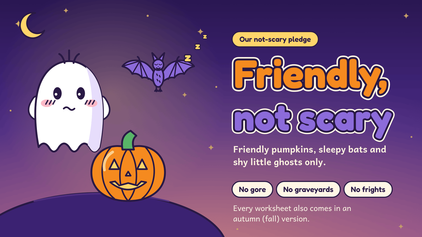Friendly, not scary Halloween worksheets: a shy ghost, a smiling pumpkin and a sleepy bat