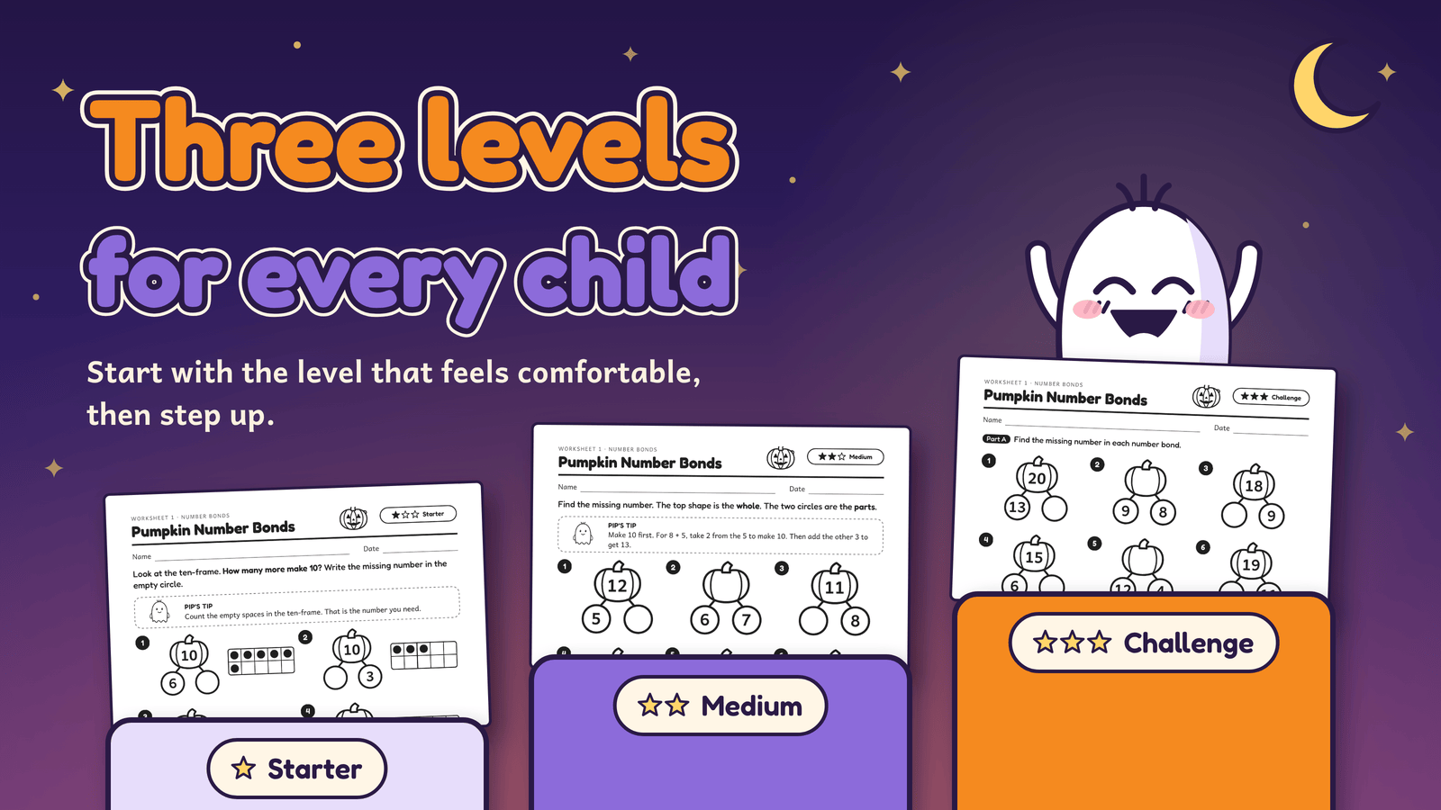 Three worksheet levels, Starter, Medium and Challenge, shown as steps with a cheering ghost on top