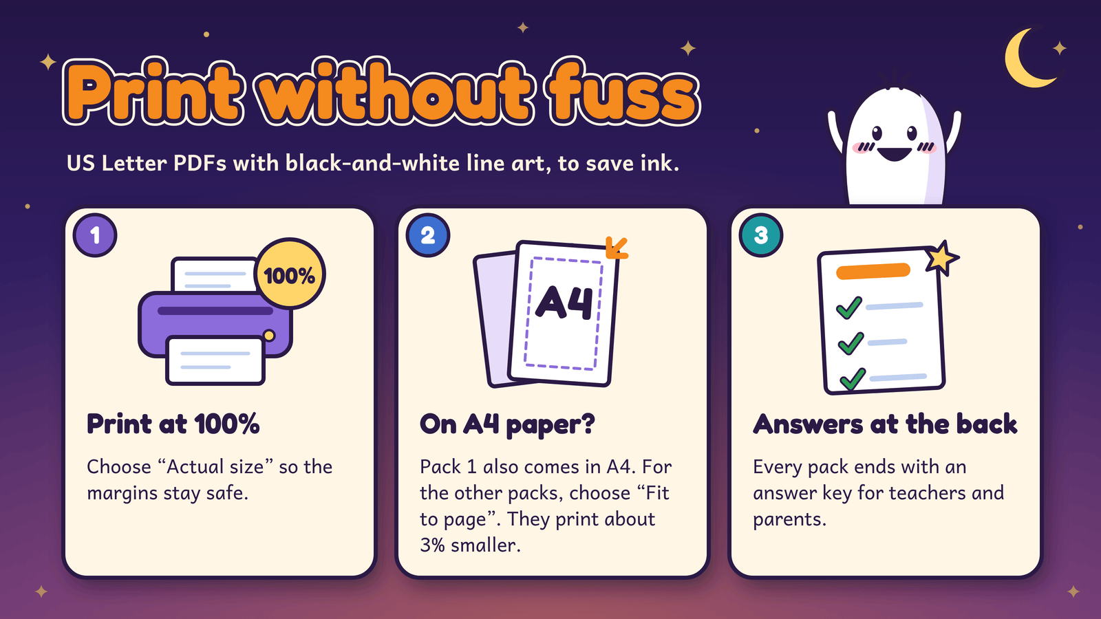 How to print the worksheets: print at 100 percent, use Fit to page on A4 paper, and find the answer key at the back