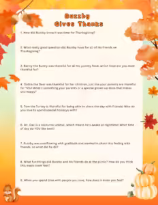 Free Buzzby Gives Thanks reading comprehension and SEL worksheet preview
