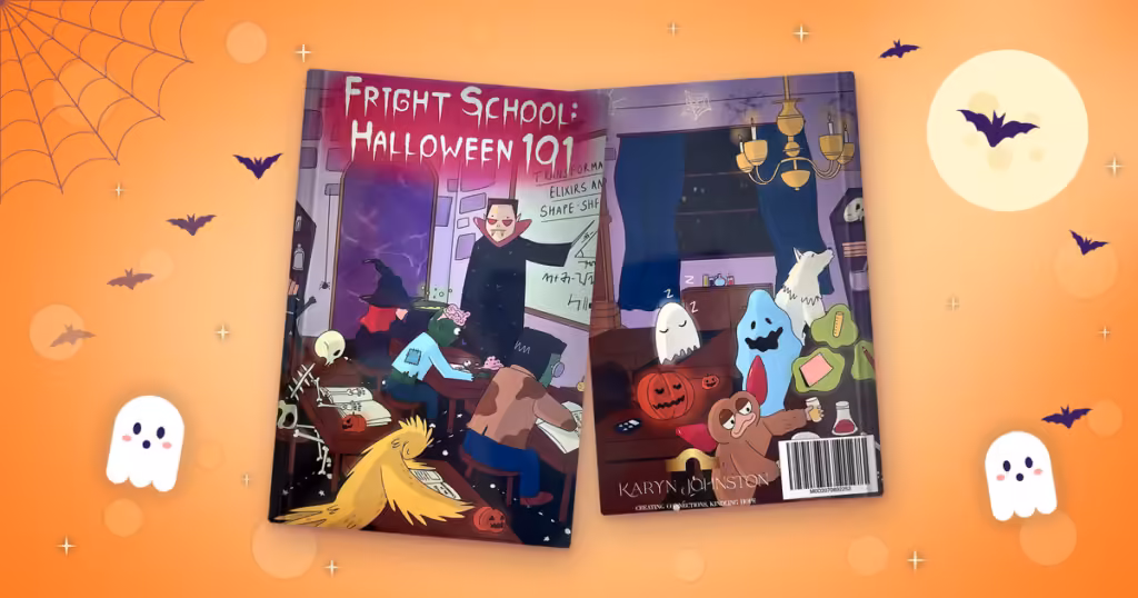 Front and back of a Halloween flipbook notebook for kids, shown with bats, a full moon and friendly ghosts
