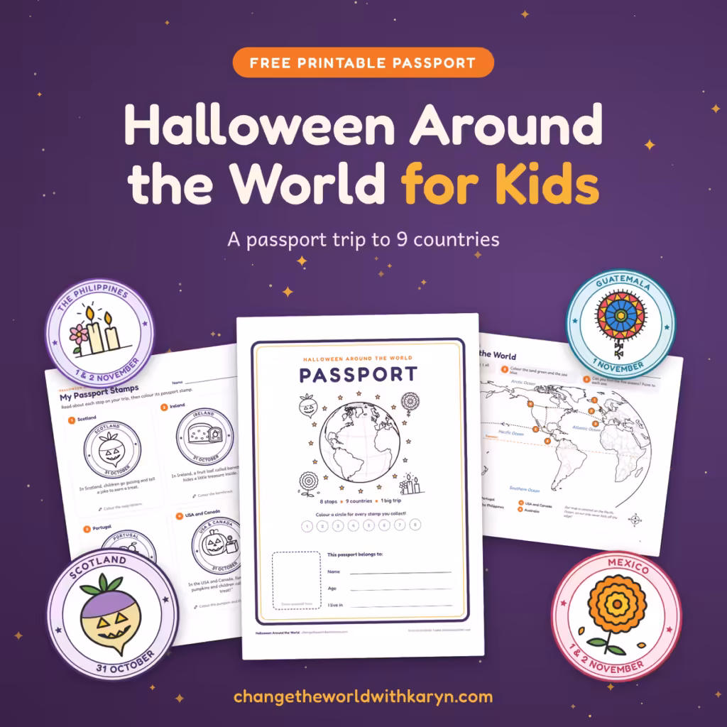 Halloween Around the World for Kids free printable passport with stamps to colour