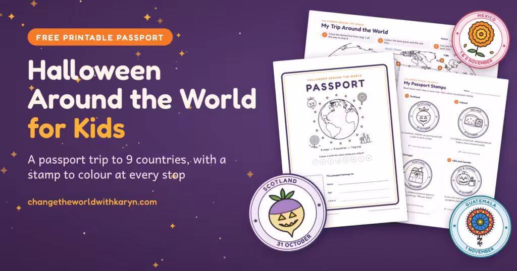 Halloween around the world for kids: free printable passport, trip map and stamps to colour