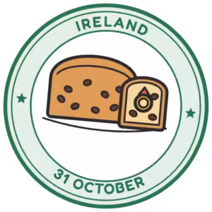 Ireland Halloween passport stamp with a slice of barmbrack