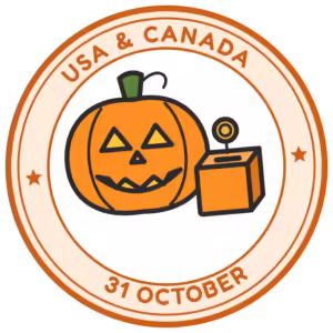 USA and Canada Halloween passport stamp with a pumpkin lantern and an orange box