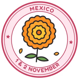 Mexico Dรญa de los Muertos passport stamp with a marigold