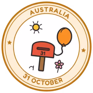 Australia Halloween passport stamp with an orange balloon on a letterbox