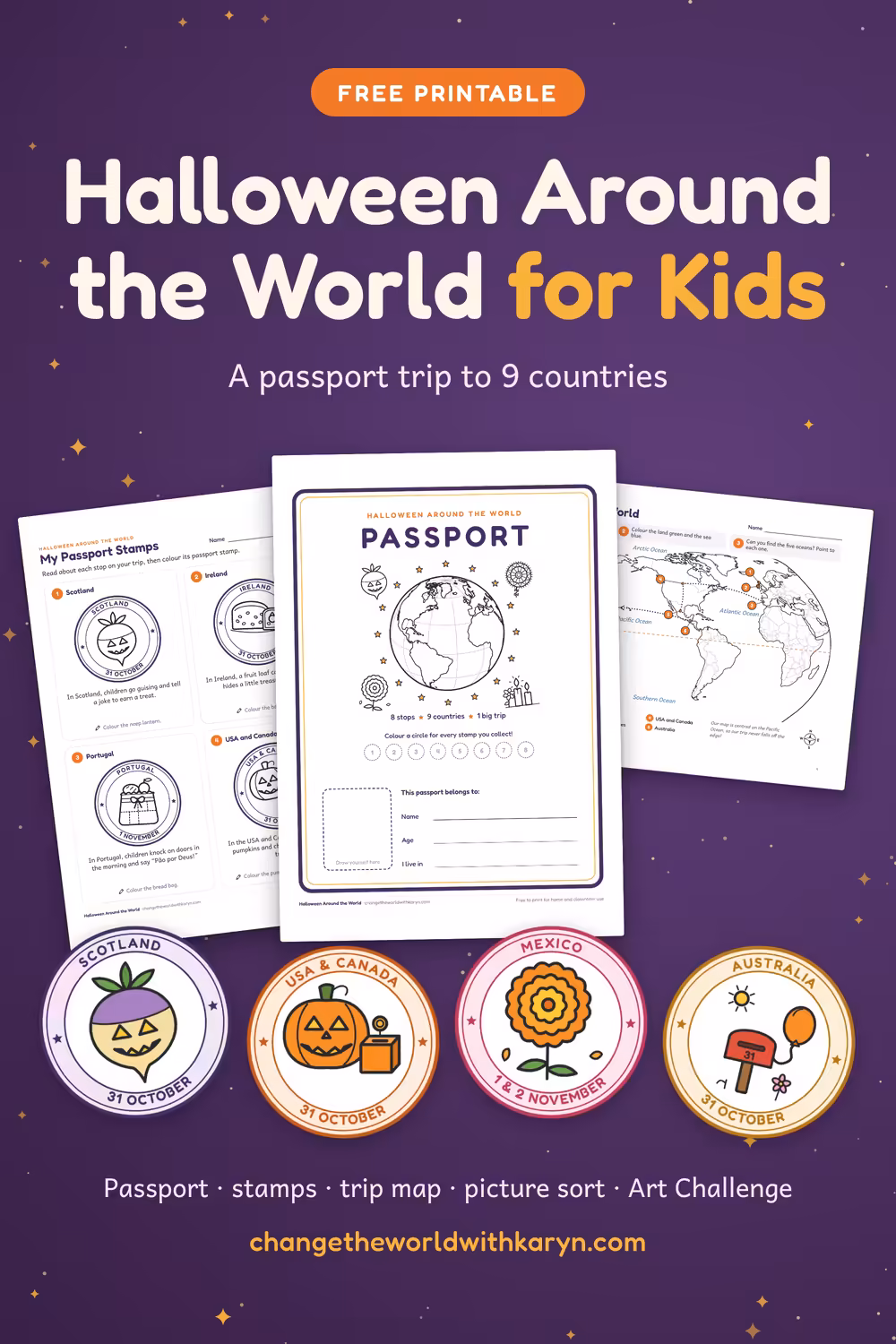 Halloween Around the World for Kids free printable passport with stamps, a trip map and a picture sort